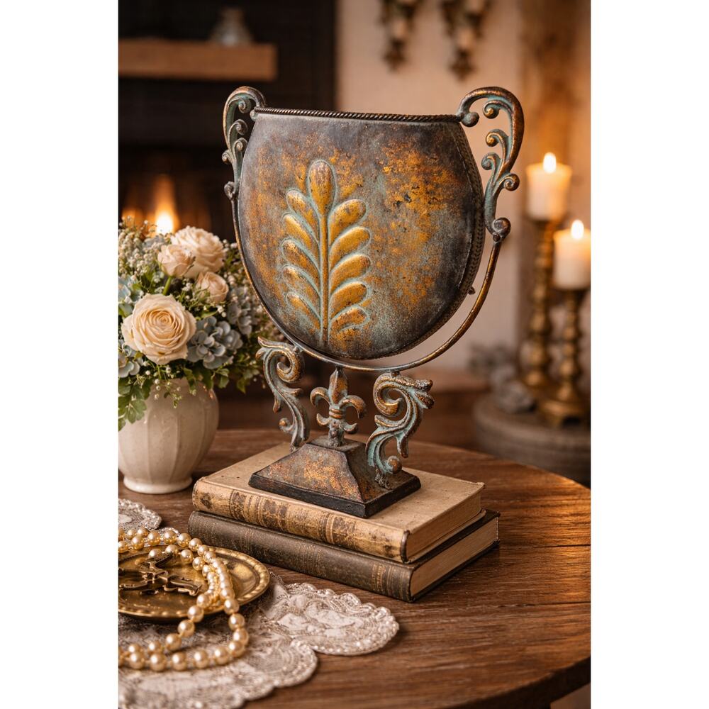 Vintage Verdigris Urn Planter Metal Vase Hollywood Regency Decor